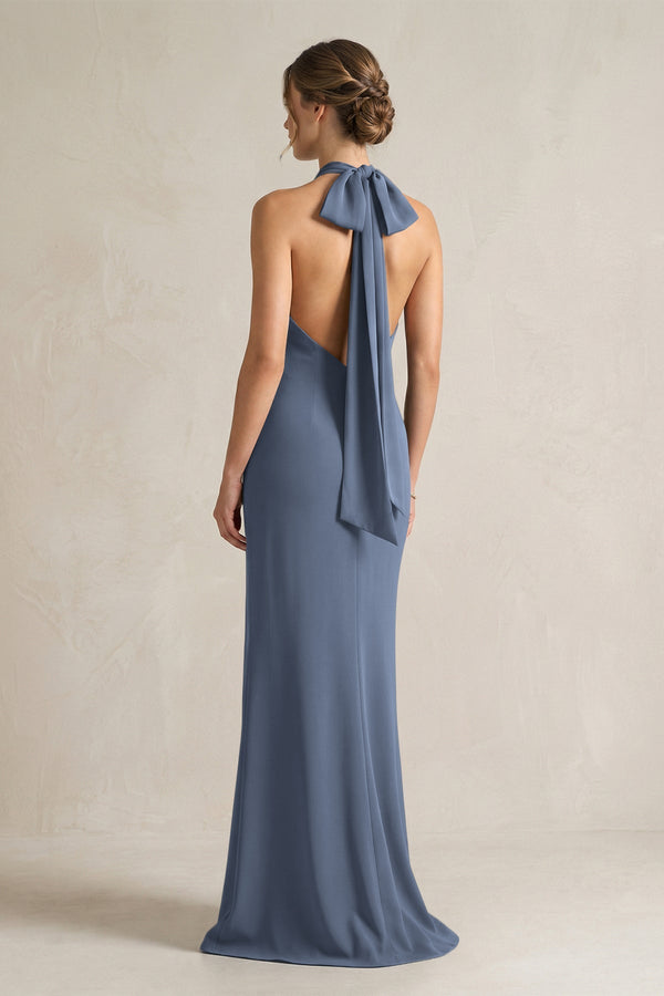 Halter Sheath Satin Bridesmaid Dress With Bow in Neptune - KissProm Bridesmaid Dresses