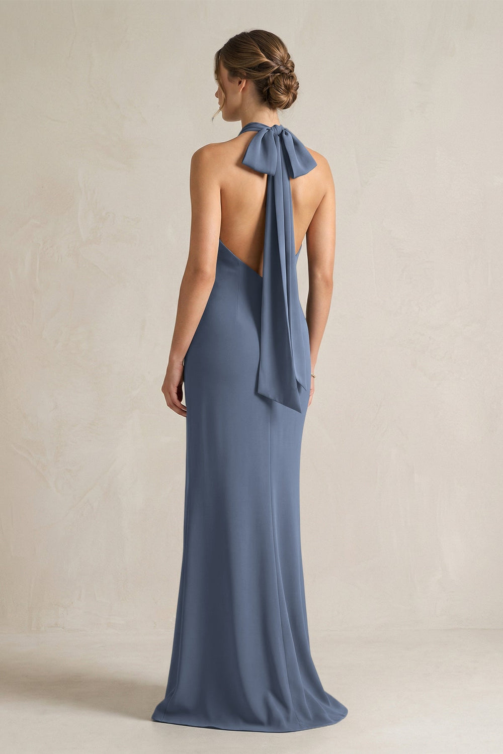 Halter Sheath Satin Bridesmaid Dress With Bow in Neptune - KissProm Bridesmaid Dresses