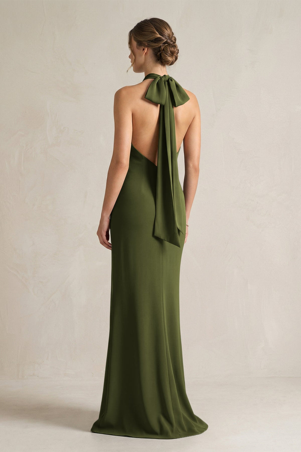 Halter Sheath Satin Bridesmaid Dress With Bow in Olive - KissProm Bridesmaid Dresses