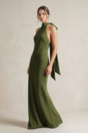 Halter Sheath Satin Bridesmaid Dress With Bow in Olive - KissProm Bridesmaid Dresses