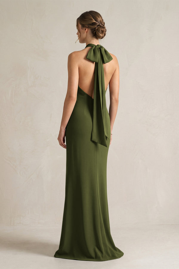 Halter Sheath Satin Bridesmaid Dress With Bow in Olive - KissProm Bridesmaid Dresses