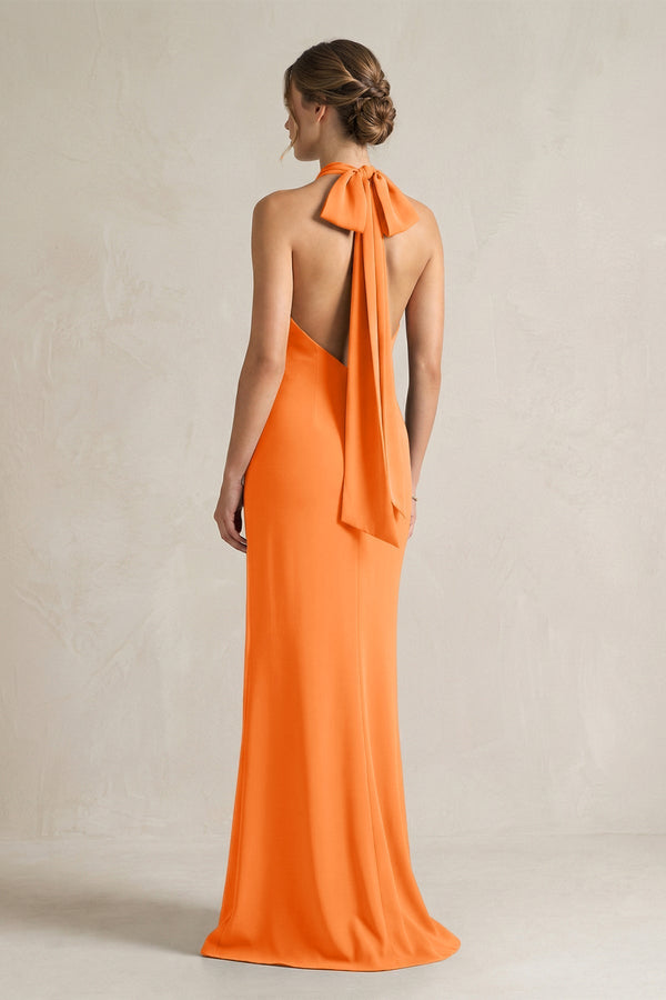 Halter Sheath Satin Bridesmaid Dress With Bow in Orange - KissProm Bridesmaid Dresses