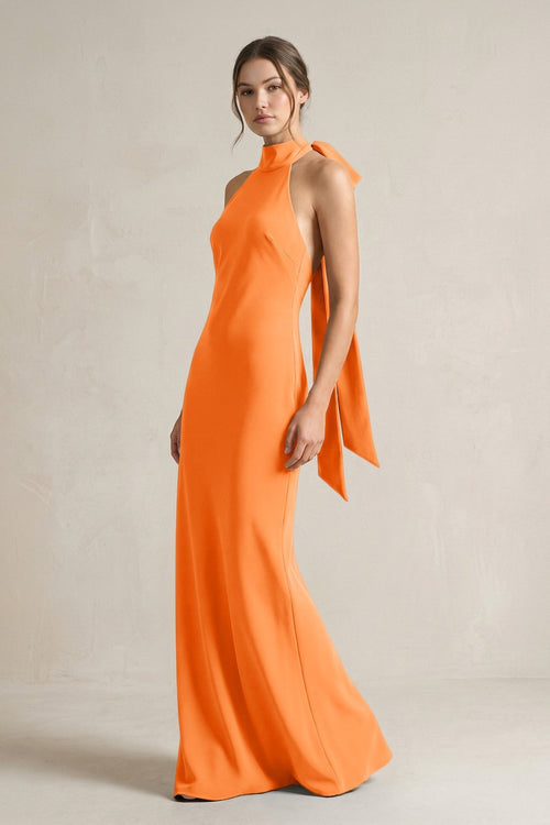 Halter Sheath Satin Bridesmaid Dress With Bow in Orange - KissProm Bridesmaid Dresses