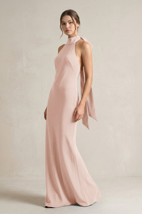 Halter Sheath Satin Bridesmaid Dress With Bow in Pale Blush - KissProm Bridesmaid Dresses
