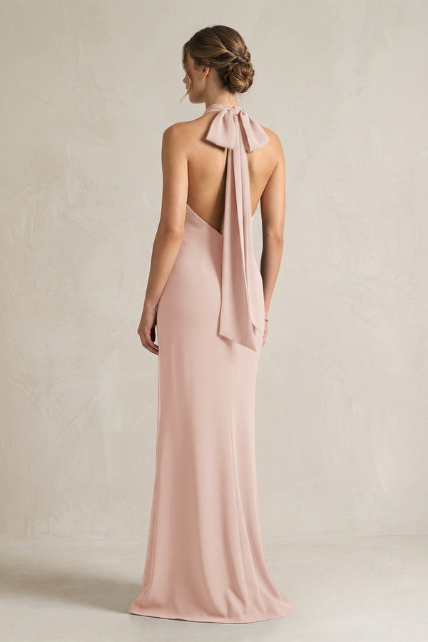 Halter Sheath Satin Bridesmaid Dress With Bow in Pale Blush - KissProm Bridesmaid Dresses