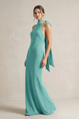 Halter Sheath Satin Bridesmaid Dress With Bow in Pale Pistachio - KissProm Bridesmaid Dresses