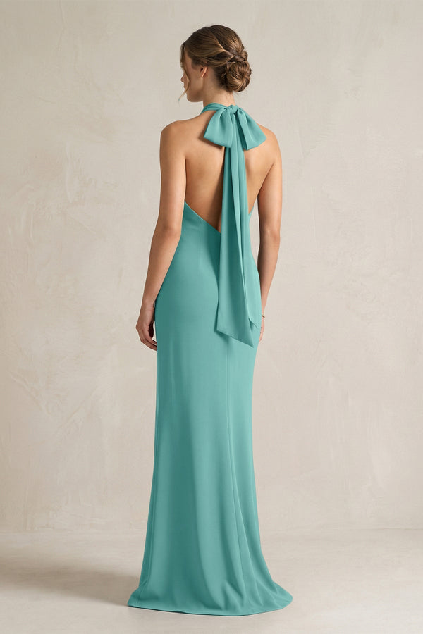 Halter Sheath Satin Bridesmaid Dress With Bow in Pale Pistachio - KissProm Bridesmaid Dresses