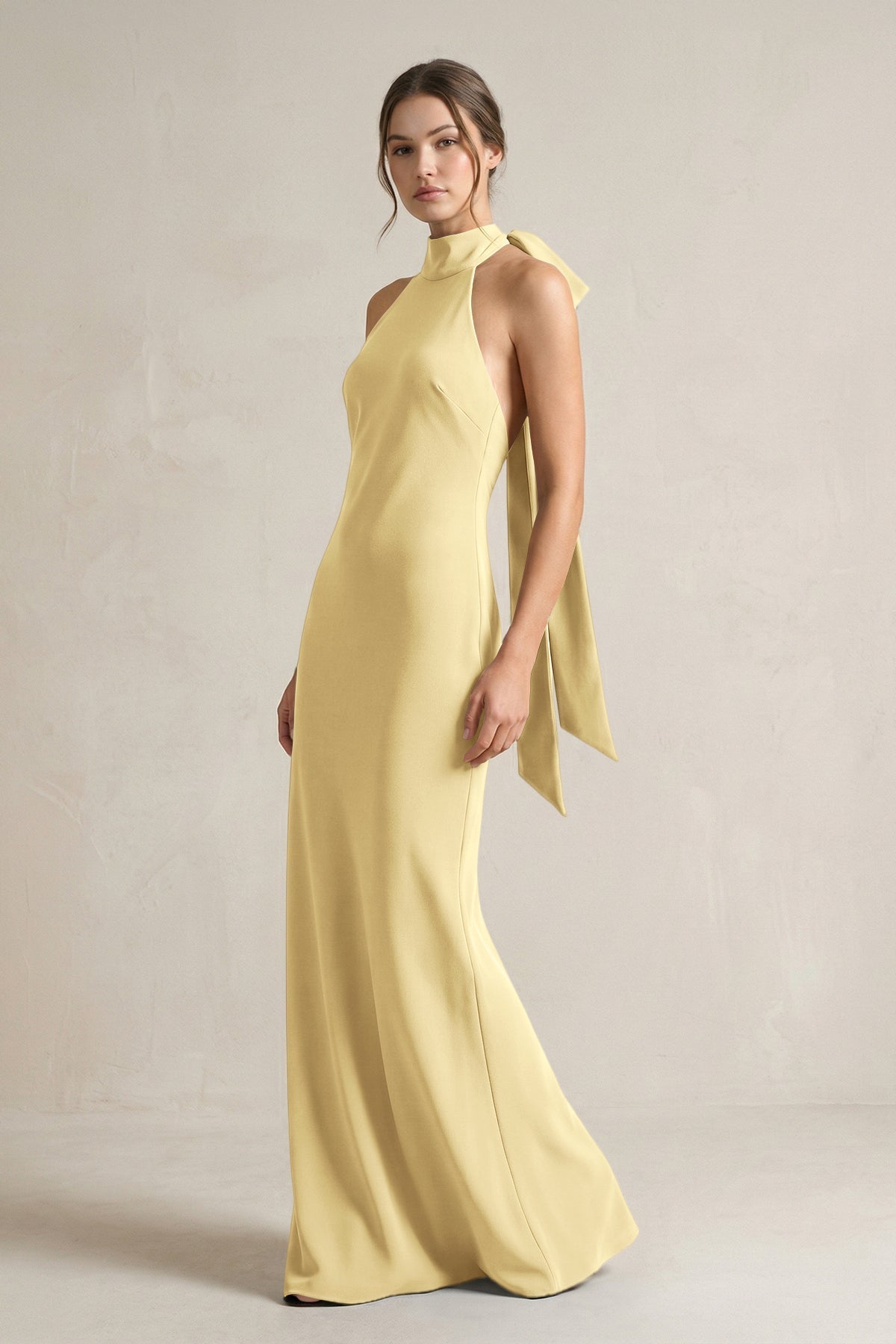KissProm Halter Sheath Satin Bridesmaid Dress With Bow in Pastel Yellow, Pastel Yellow / 24
