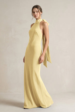 Halter Sheath Satin Bridesmaid Dress With Bow in Pastel Yellow - KissProm Bridesmaid Dresses