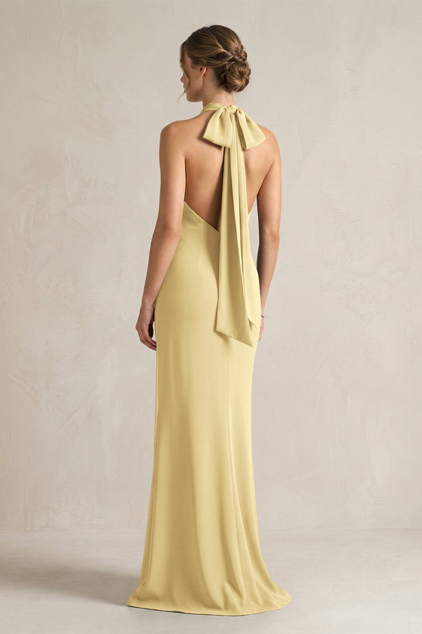 Halter Sheath Satin Bridesmaid Dress With Bow in Pastel Yellow - KissProm Bridesmaid Dresses