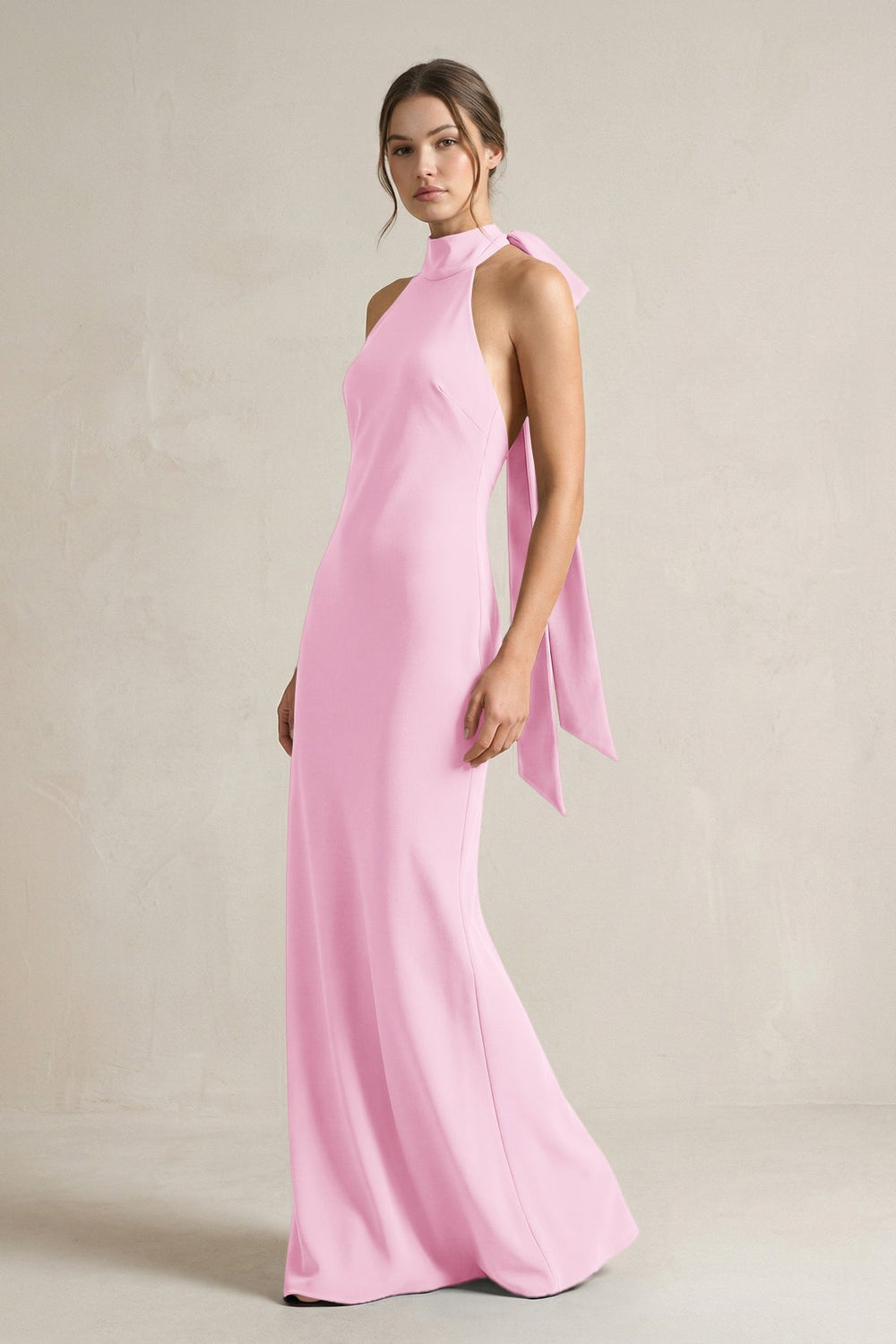Halter Sheath Satin Bridesmaid Dress With Bow in Pink - KissProm Bridesmaid Dresses