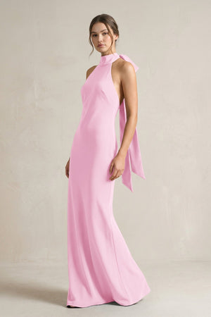Halter Sheath Satin Bridesmaid Dress With Bow in Pink - KissProm Bridesmaid Dresses