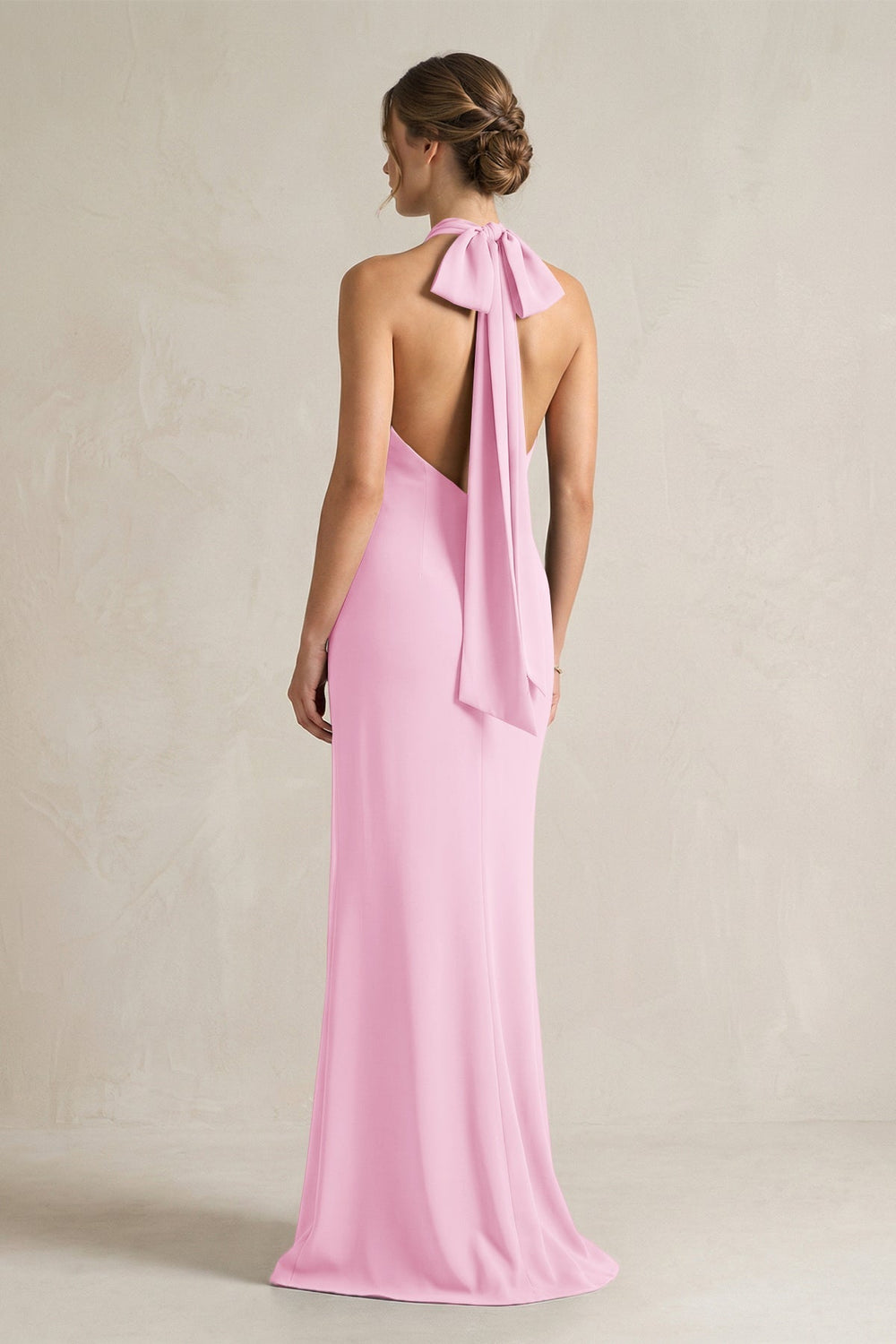 Halter Sheath Satin Bridesmaid Dress With Bow in Pink - KissProm Bridesmaid Dresses