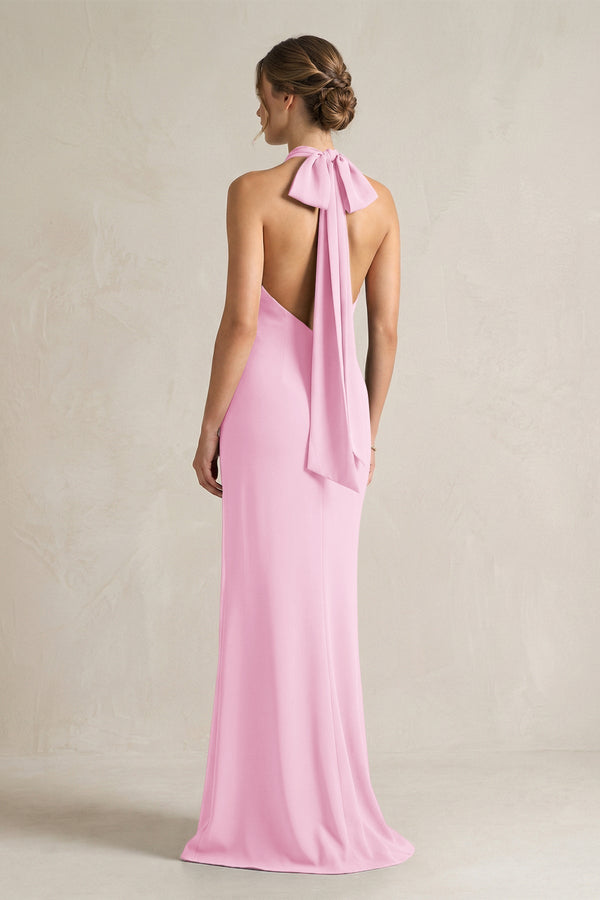 Halter Sheath Satin Bridesmaid Dress With Bow in Pink - KissProm Bridesmaid Dresses