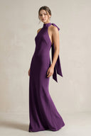 Halter Sheath Satin Bridesmaid Dress With Bow in Plum - KissProm Bridesmaid Dresses