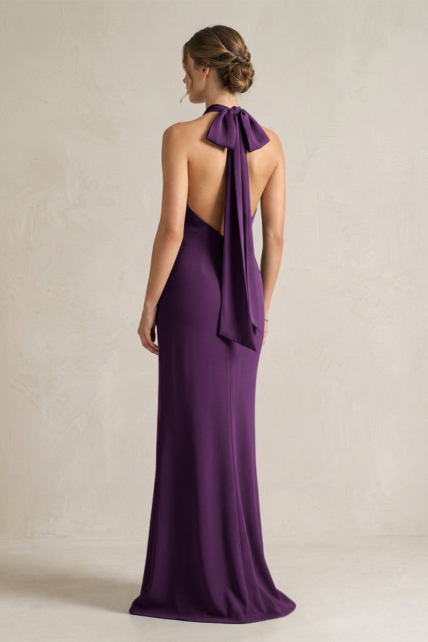 Halter Sheath Satin Bridesmaid Dress With Bow in Plum - KissProm Bridesmaid Dresses