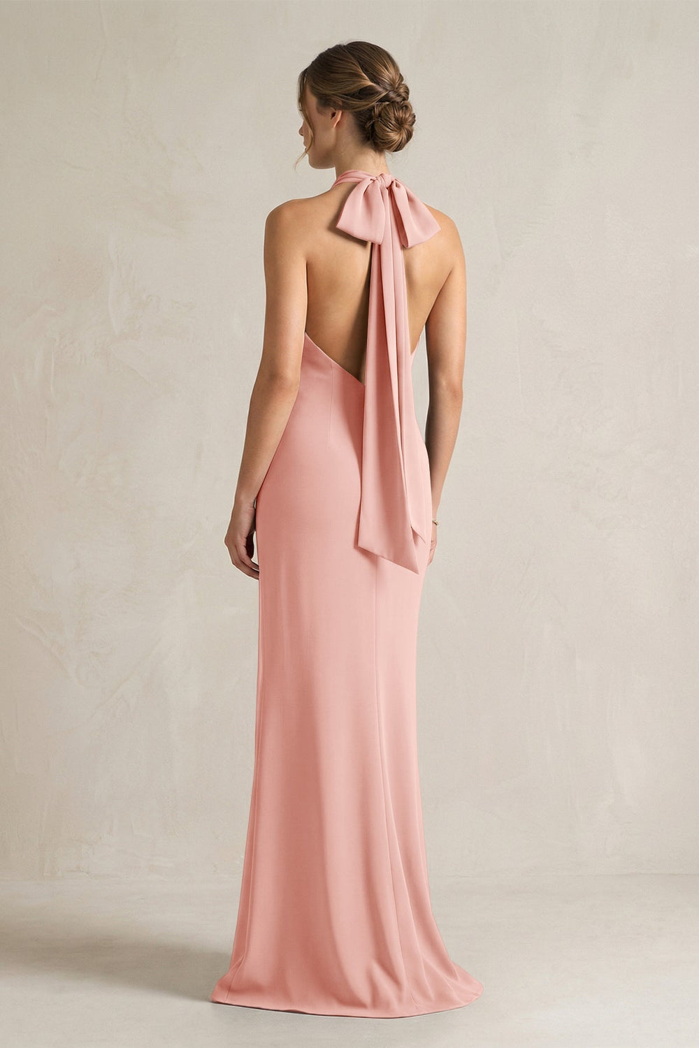 Halter Sheath Satin Bridesmaid Dress With Bow in Rose Petal - KissProm Bridesmaid Dresses