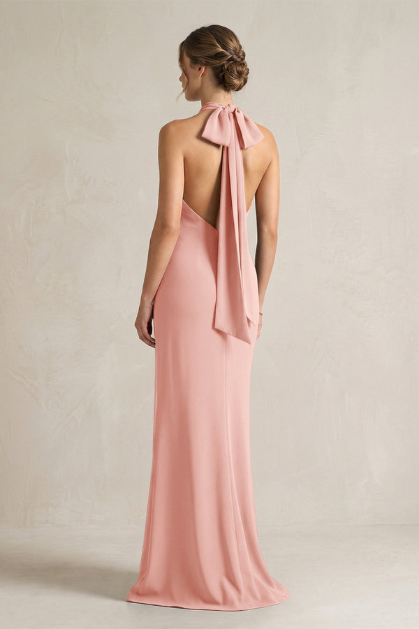 Halter Sheath Satin Bridesmaid Dress With Bow in Rose Petal - KissProm Bridesmaid Dresses
