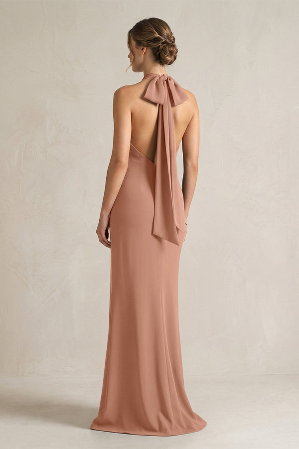 Halter Sheath Satin Bridesmaid Dress With Bow in Rosette - KissProm Bridesmaid Dresses