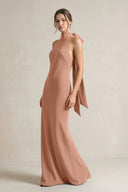 Halter Sheath Satin Bridesmaid Dress With Bow in Rosette - KissProm Bridesmaid Dresses