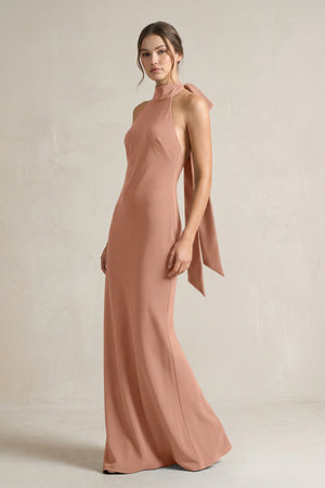 Halter Sheath Satin Bridesmaid Dress With Bow in Rosette - KissProm Bridesmaid Dresses
