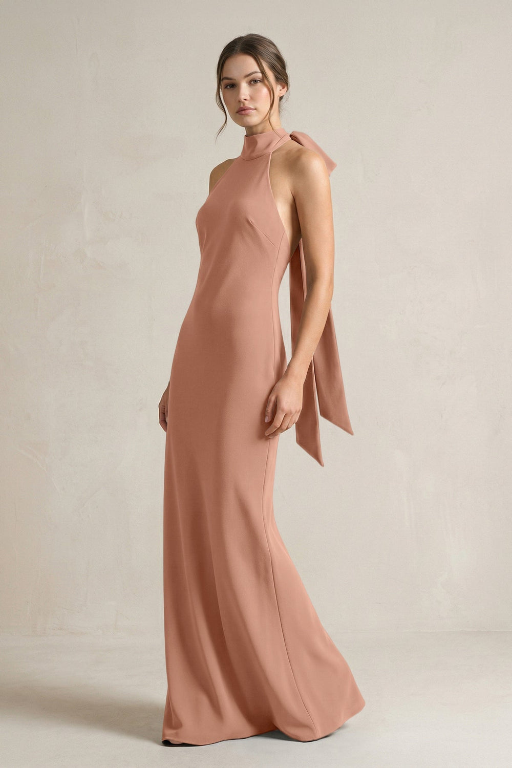 Halter Sheath Satin Bridesmaid Dress With Bow in Rosette - KissProm Bridesmaid Dresses