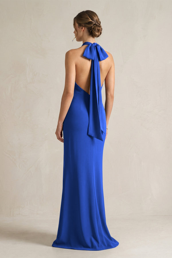 Halter Sheath Satin Bridesmaid Dress With Bow in Royal Blue - KissProm Bridesmaid Dresses