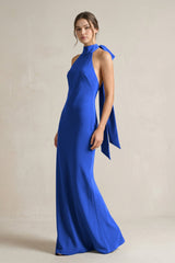 Halter Sheath Satin Bridesmaid Dress With Bow in Royal Blue - KissProm Bridesmaid Dresses