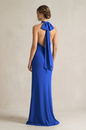 Halter Sheath Satin Bridesmaid Dress With Bow in Royal Blue - KissProm Bridesmaid Dresses