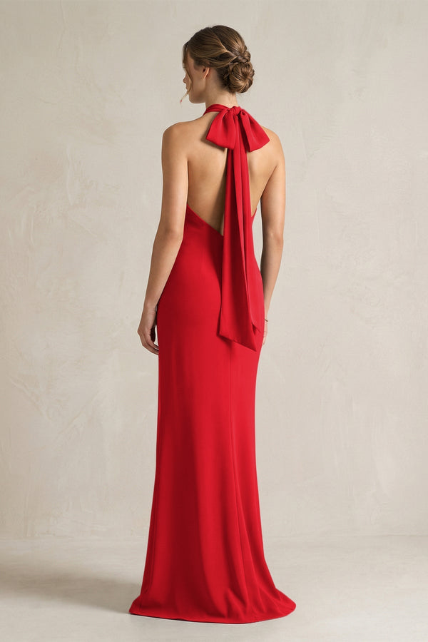 Halter Sheath Satin Bridesmaid Dress With Bow in Ruby Red - KissProm Bridesmaid Dresses