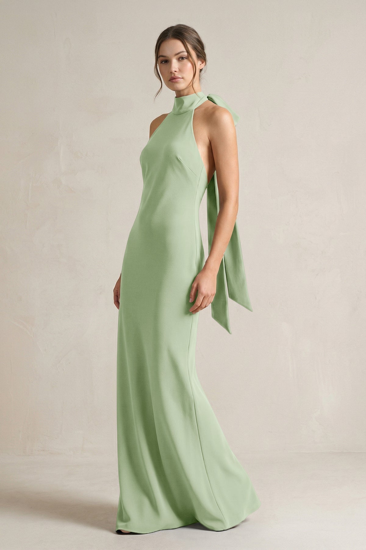 KissProm Halter Sheath Satin Bridesmaid Dress With Bow in Sage, Sage / 30