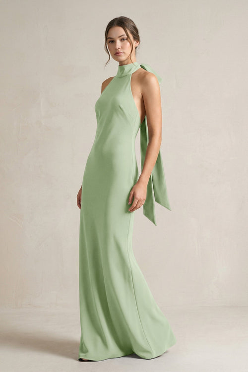 Halter Sheath Satin Bridesmaid Dress With Bow in Sage - KissProm Bridesmaid Dresses