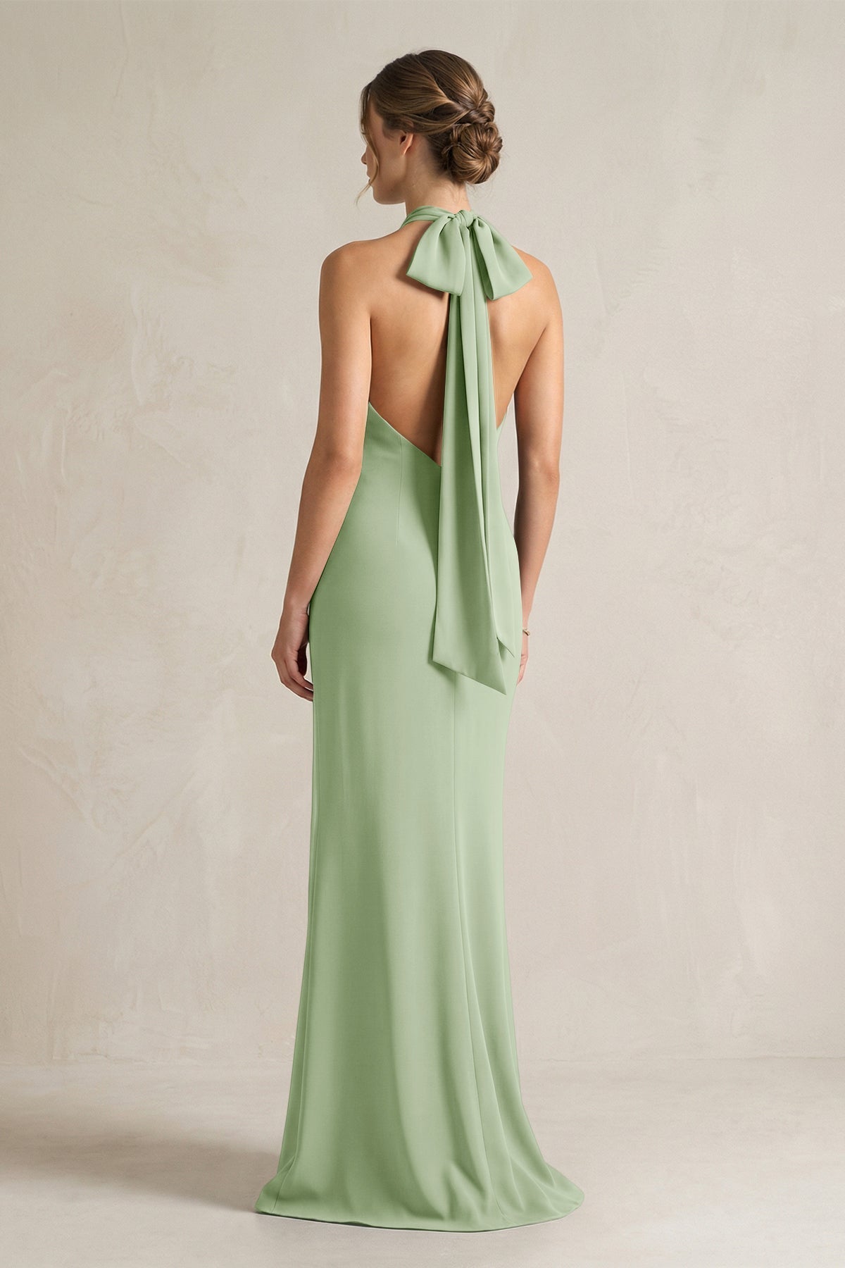 KissProm Halter Sheath Satin Bridesmaid Dress With Bow in Sage, Sage / 30