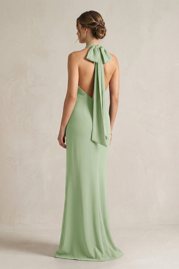 Halter Sheath Satin Bridesmaid Dress With Bow in Sage - KissProm Bridesmaid Dresses