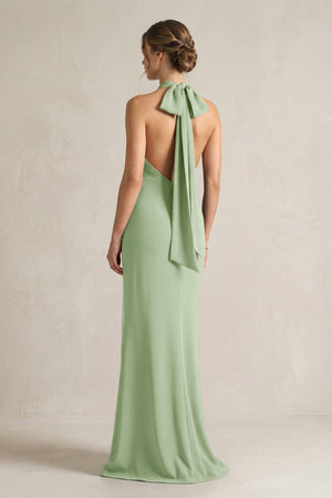 Halter Sheath Satin Bridesmaid Dress With Bow in Sage - KissProm Bridesmaid Dresses