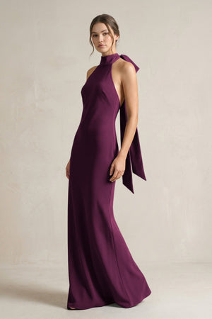 Halter Sheath Satin Bridesmaid Dress With Bow in Sangria - KissProm Bridesmaid Dresses