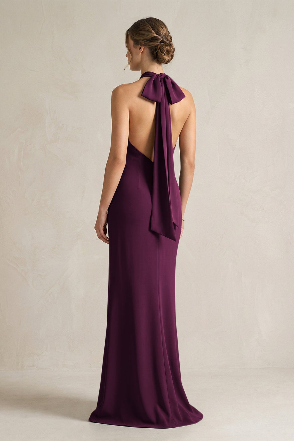 Halter Sheath Satin Bridesmaid Dress With Bow in Sangria - KissProm Bridesmaid Dresses