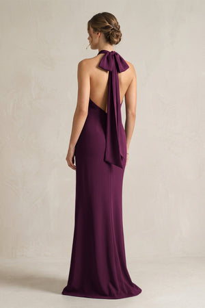Halter Sheath Satin Bridesmaid Dress With Bow in Sangria - KissProm Bridesmaid Dresses