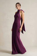 Halter Sheath Satin Bridesmaid Dress With Bow in Sangria - KissProm Bridesmaid Dresses
