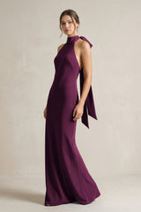 Halter Sheath Satin Bridesmaid Dress With Bow in Sangria - KissProm Bridesmaid Dresses