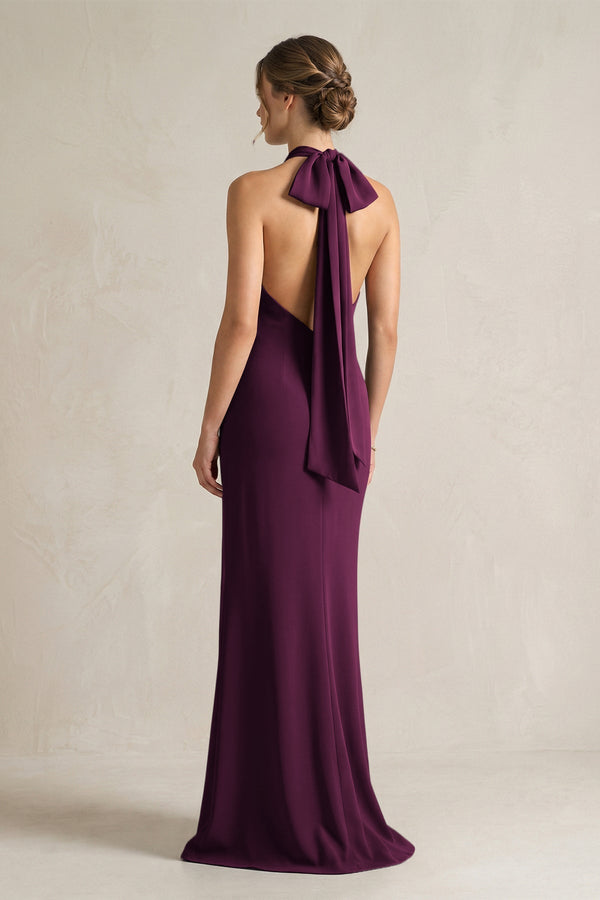 Halter Sheath Satin Bridesmaid Dress With Bow in Sangria - KissProm Bridesmaid Dresses