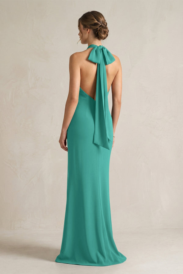 Halter Sheath Satin Bridesmaid Dress With Bow in Sea Glass - KissProm Bridesmaid Dresses