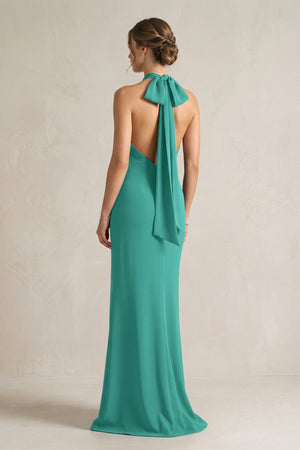Halter Sheath Satin Bridesmaid Dress With Bow in Sea Glass - KissProm Bridesmaid Dresses