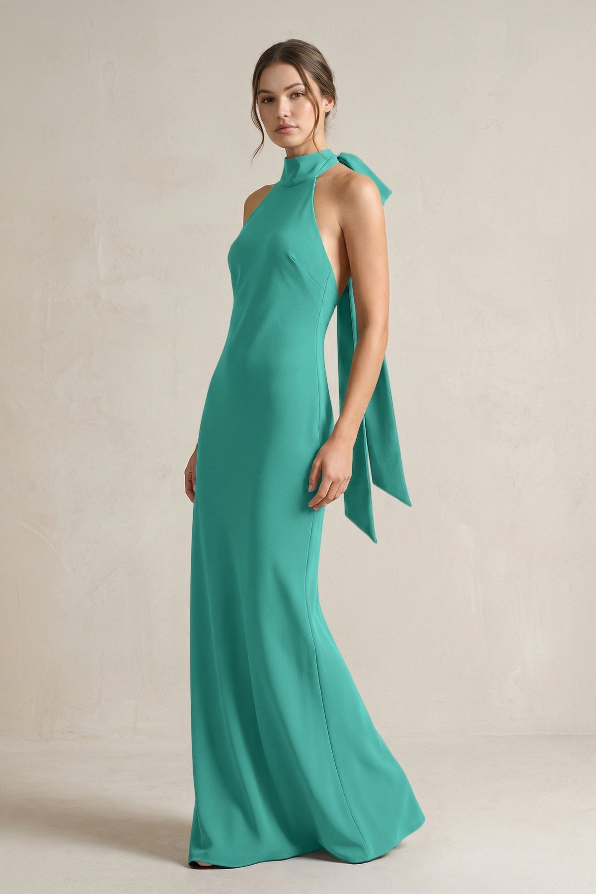 KissProm Halter Sheath Satin Bridesmaid Dress With Bow in Sea Glass, Sea Glass / 22