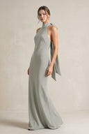 Halter Sheath Satin Bridesmaid Dress With Bow in Silver - KissProm Bridesmaid Dresses