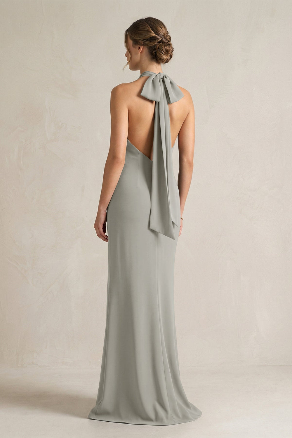 Halter Sheath Satin Bridesmaid Dress With Bow in Silver - KissProm Bridesmaid Dresses