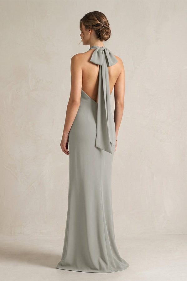 Halter Sheath Satin Bridesmaid Dress With Bow in Silver - KissProm Bridesmaid Dresses