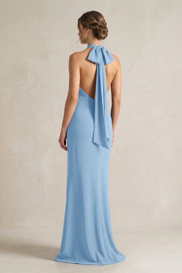 Halter Sheath Satin Bridesmaid Dress With Bow in Sky Blue - KissProm Bridesmaid Dresses