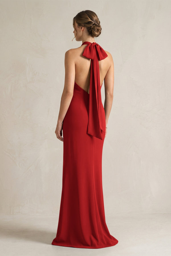 Halter Sheath Satin Bridesmaid Dress With Bow in Spice - KissProm Bridesmaid Dresses