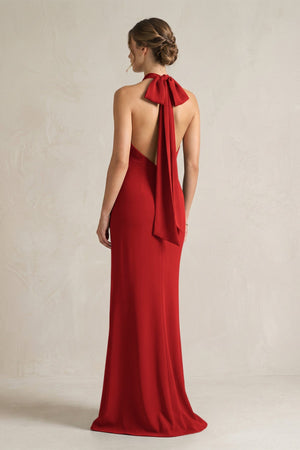 Halter Sheath Satin Bridesmaid Dress With Bow in Spice - KissProm Bridesmaid Dresses
